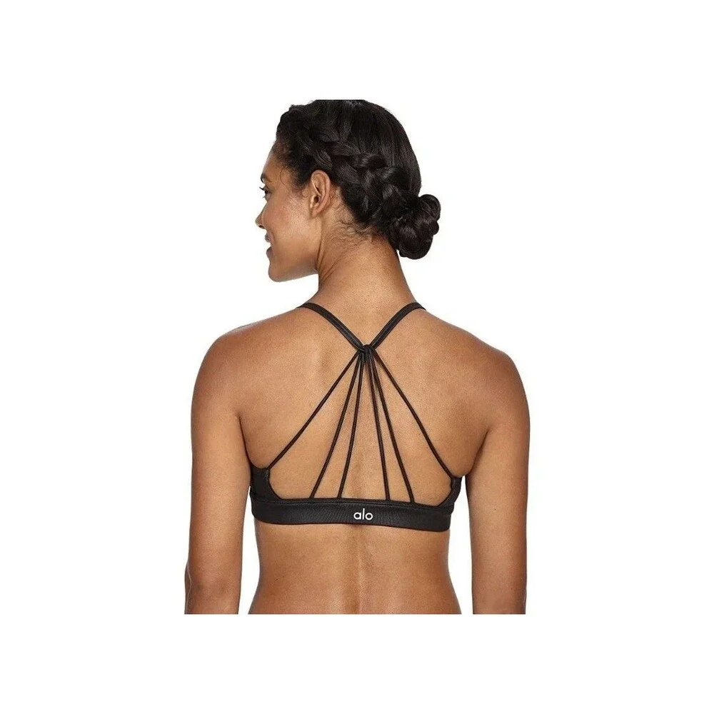 Alo Yoga Blue Sunny Strappy Sports Bra Small Black Glossy
